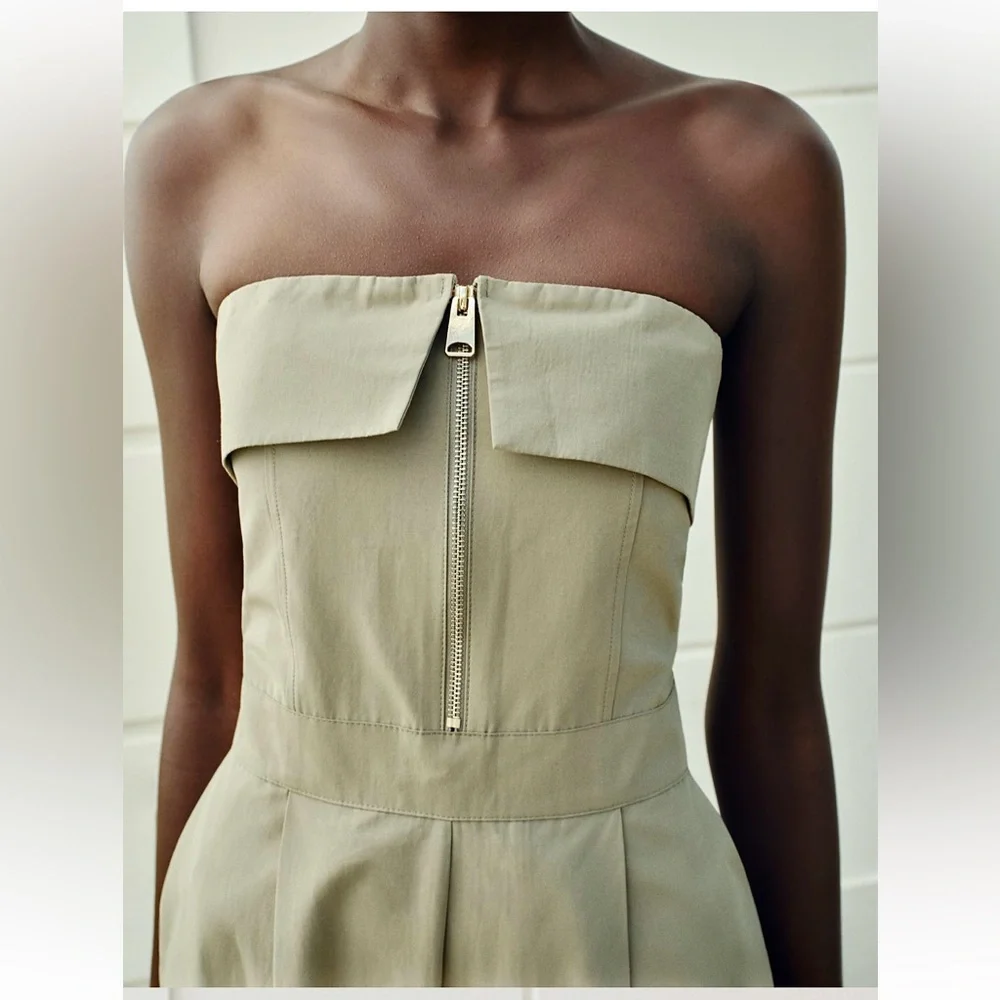 Zara NWT pale olive green zipper front foldover strapless bandeau tube jumpsuit - Picture 14 of 17